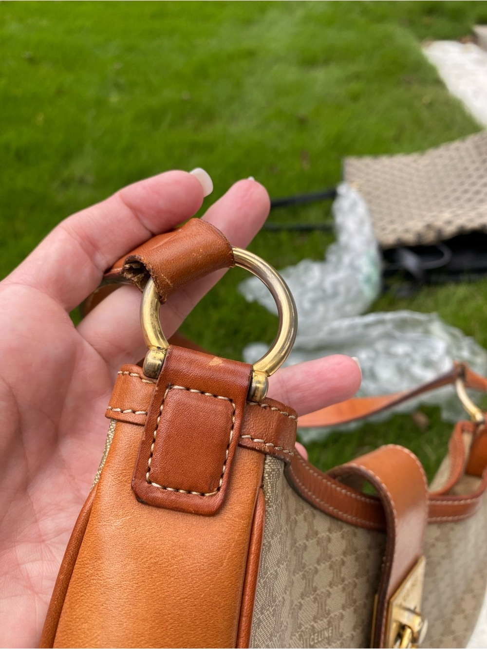 Celine Brown Leather & Beige Canvas Shoulder Bag - Picture 7 of 9